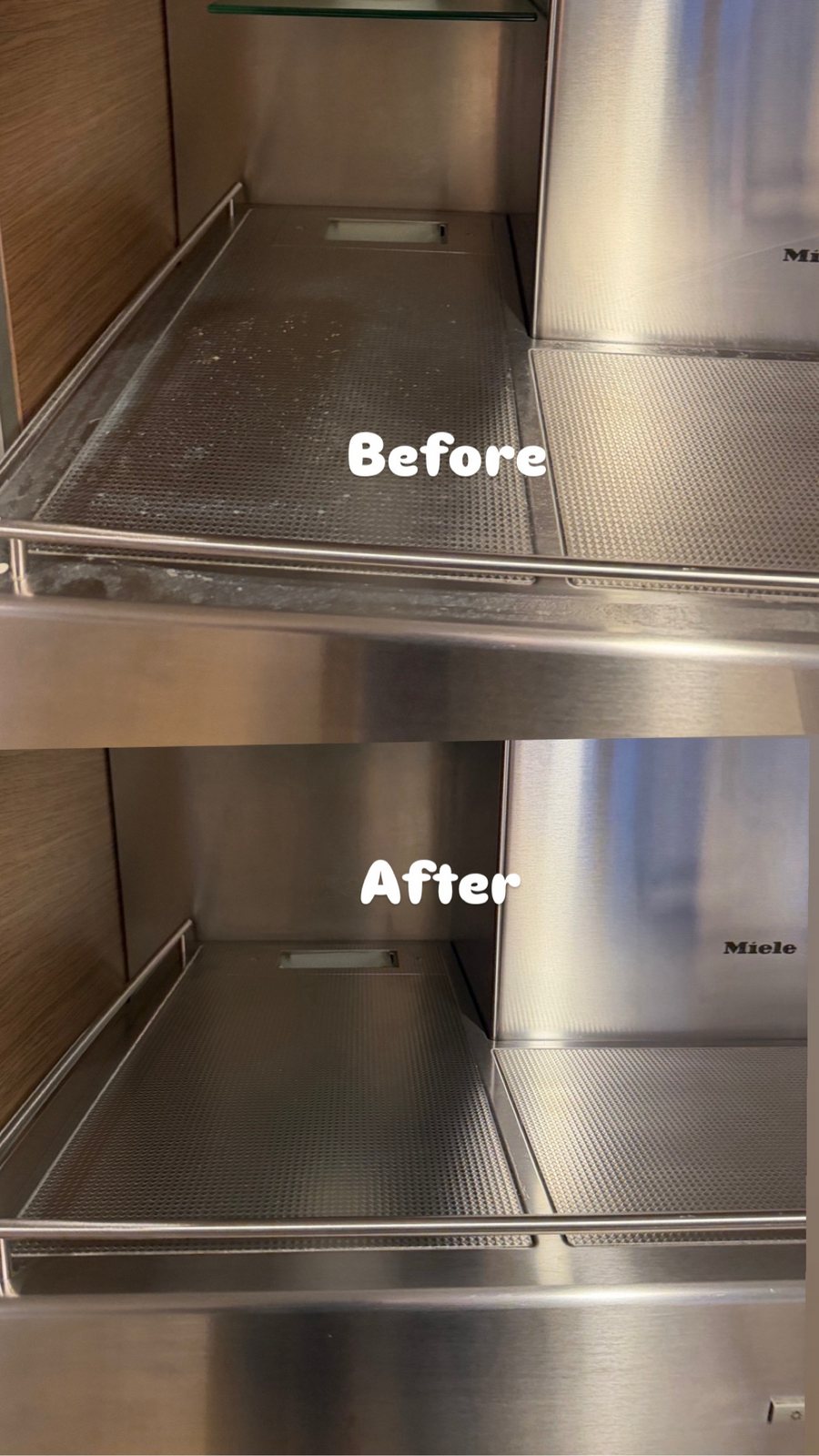 Before and after cleaning inside a stainless steel range hood